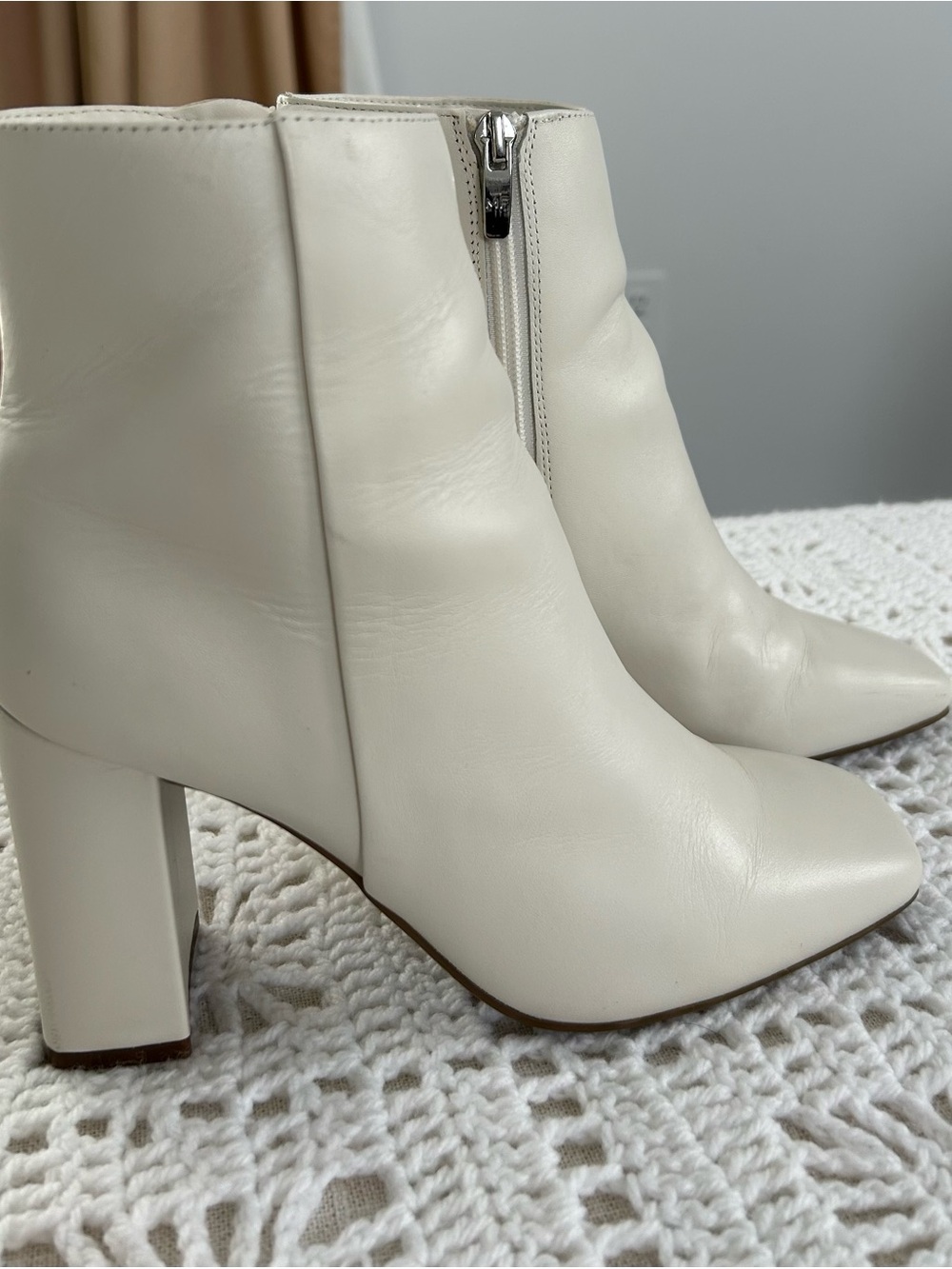 Marc Fisher Cream Leather Pointed-Toe Ankle Boots with Block Heel